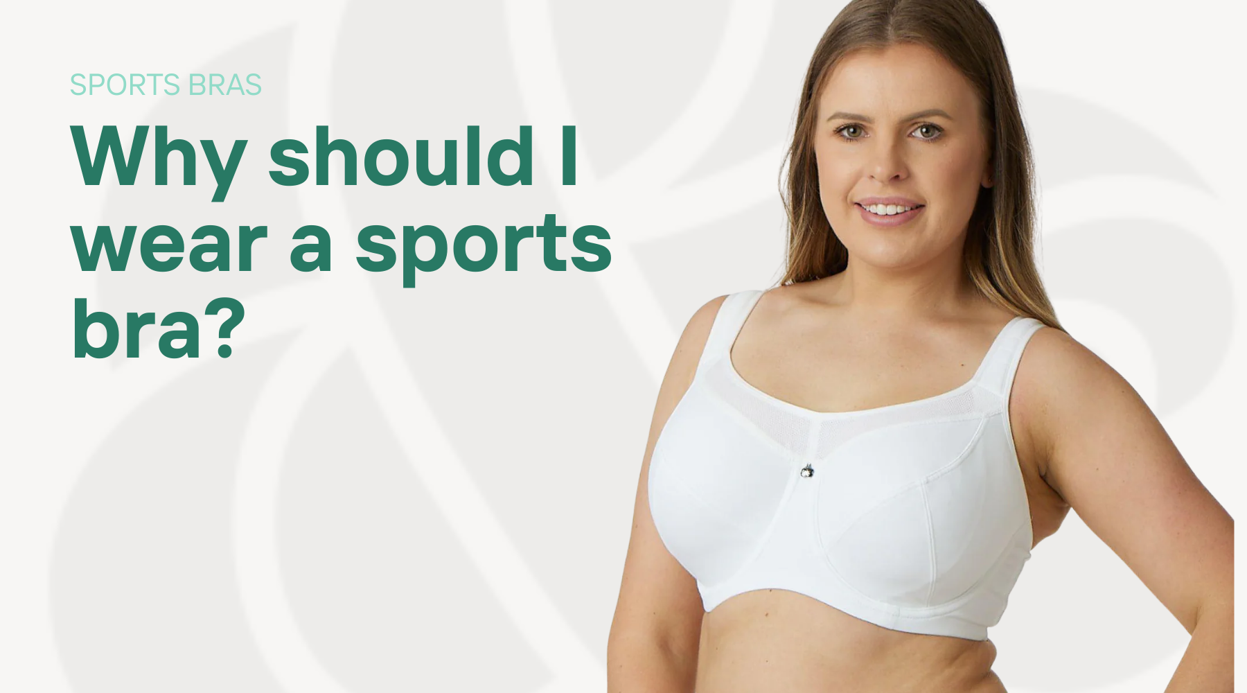 Woman in athletic white cotton sports bra with text 'why should I wear a sports bra?'