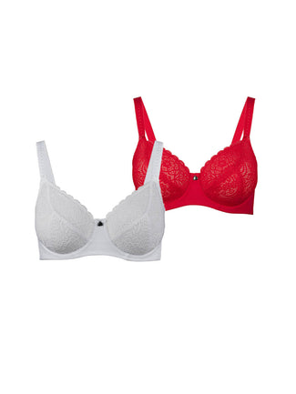 Lily Lace Full Cup Bras (2 Pack) - White and Ruby Red