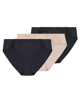 Lace Midi Brief  (3 Pack) - Black and nude Almond