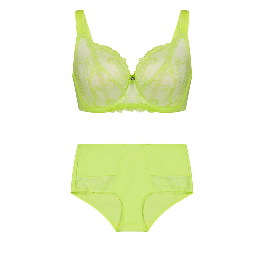 Nightingale Lace Premium Support Bra & Midi Short Brief Set - Lime Splash Green