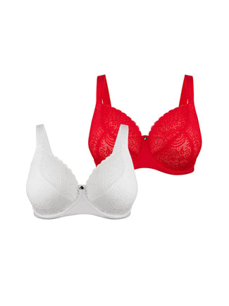 Lily Lace Full Cup Bras (2 Pack) - Premium Support - White and Ruby Red