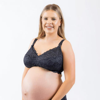 Model wearing Classic Maternity Bra - Premium Support - Black Charcoal Front