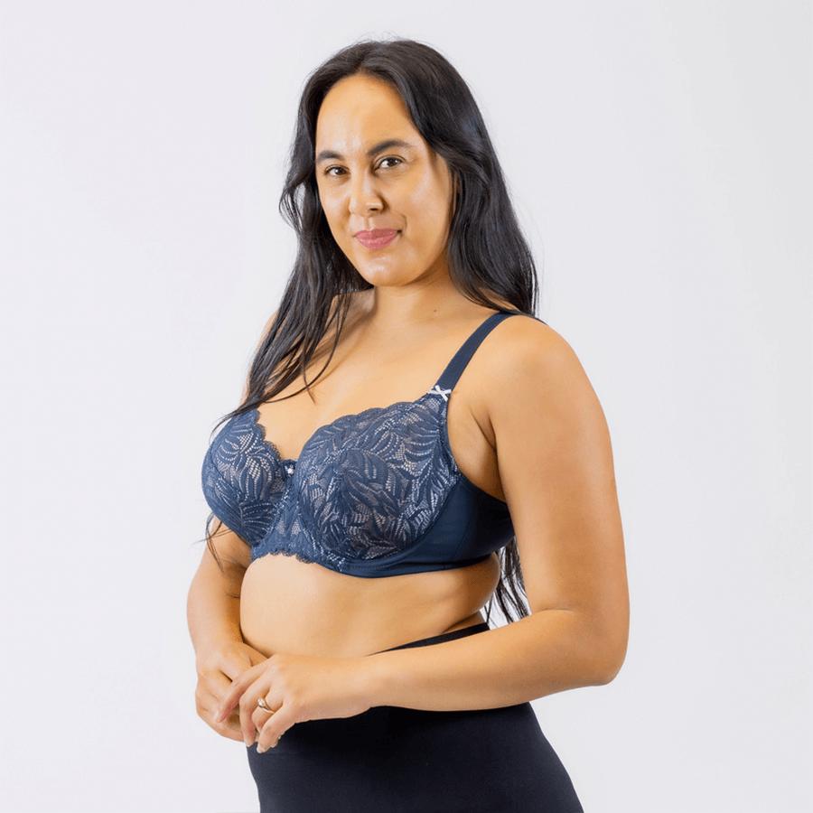 Model wearing Full Lace Cup Radiate Bra - Enhanced Support - Blueberry Side