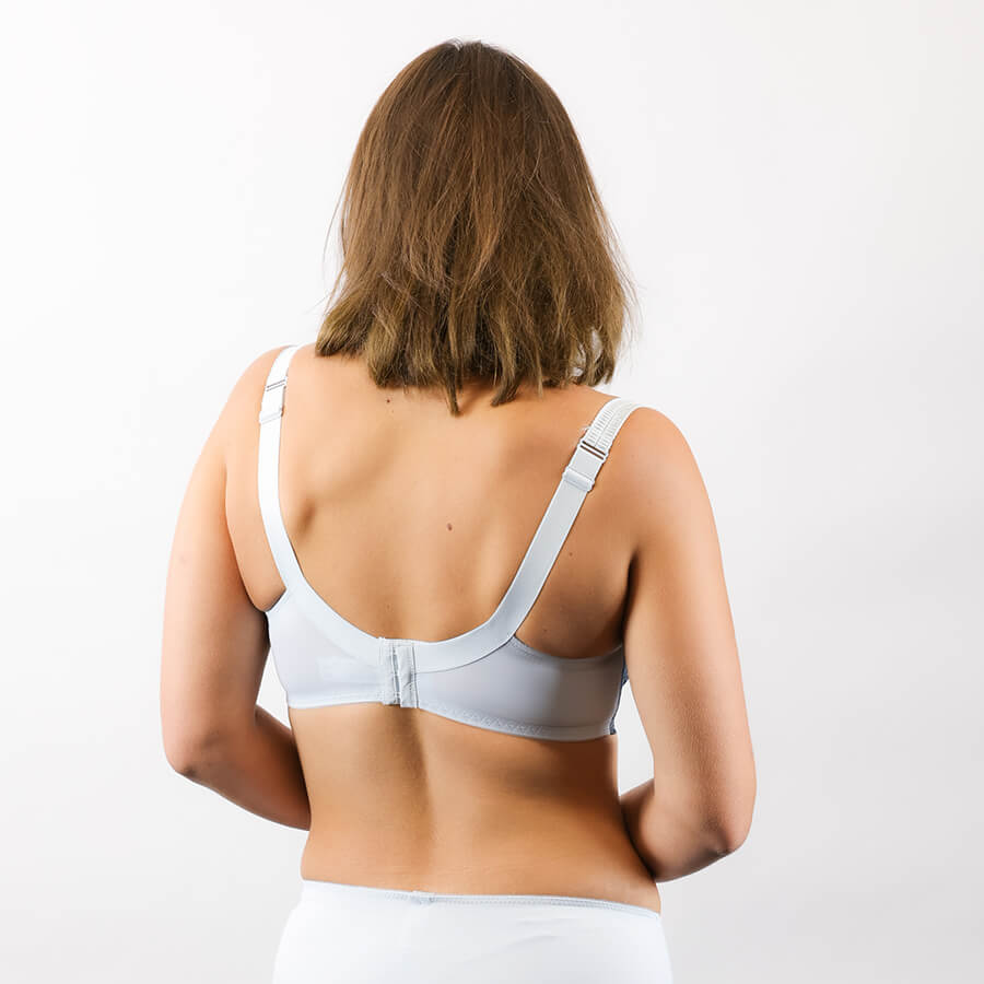 Model wearing Full Lace Cup Alyssum Bra - Enhanced Support - Blue Graphite Side