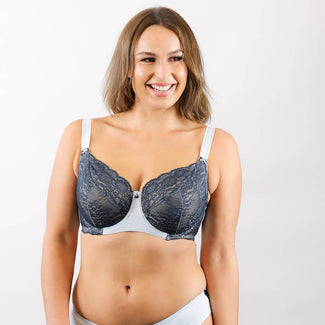 Model wearing Full Lace Cup Alyssum Bra - Enhanced Support - Blue Graphite Back