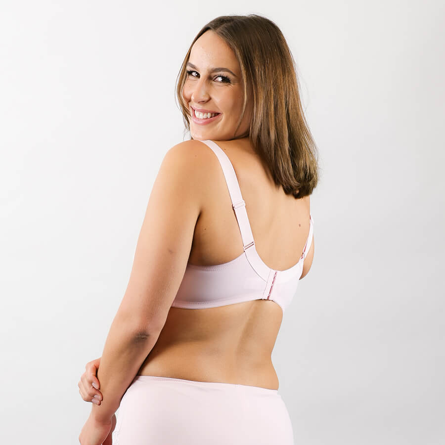 Model Wearing Full Lace Cup Fanfare Bra - Enhanced Support - Rose Pink Back