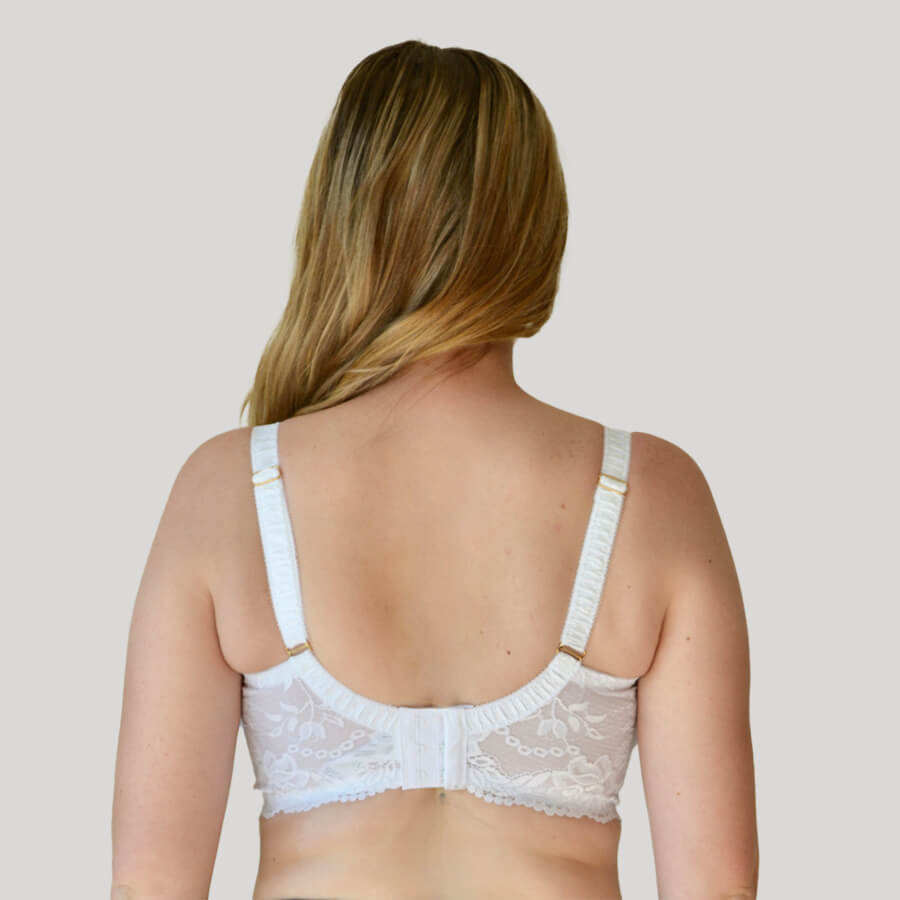 Model wearing Full Lace Cup Serena Bra - Premium Support - White Front
