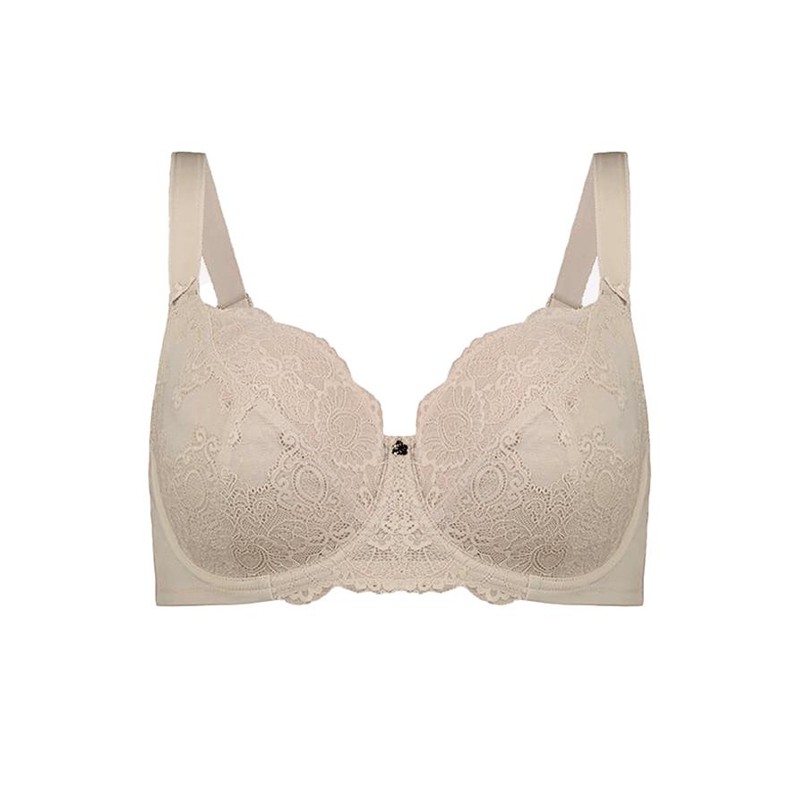 Model wearing Underwire Baroque Lace Bra - Enhanced Support - Café Latte Front