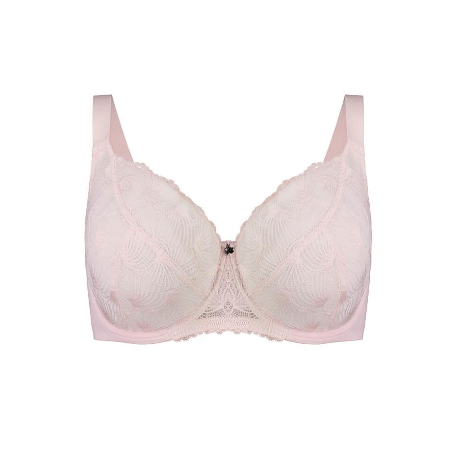 Model Wearing Full Lace Cup Fanfare Bra - Enhanced Support - Rose Pink Front